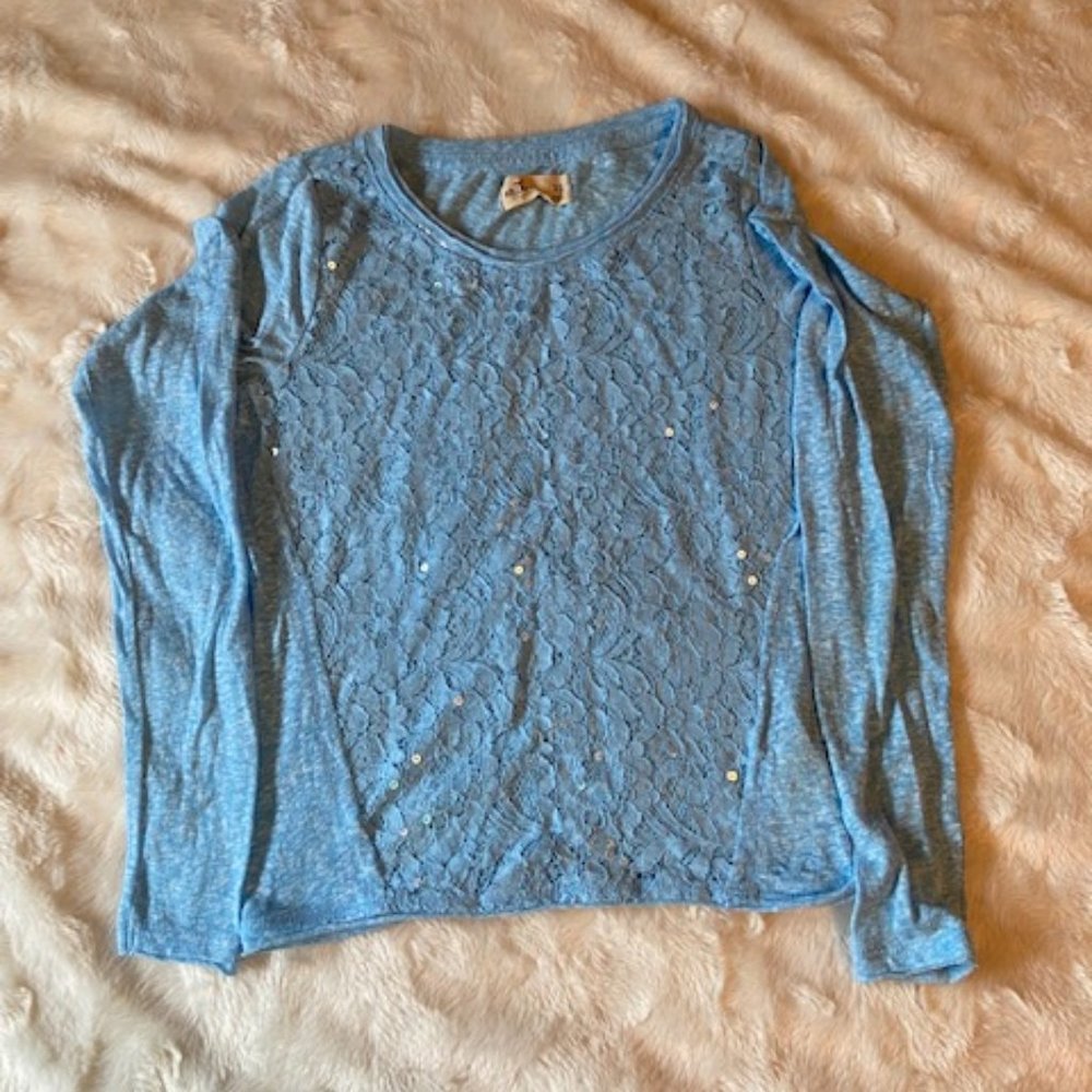 Hollister Light Blue Sheer Floral Sequin Womens Top XS Size 0 Long Sleeve